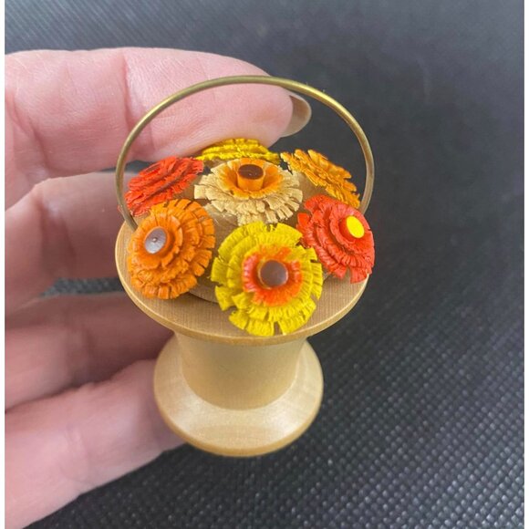 Vintage Germany Wooden Miniature Flower Basket With Colorful Floral Accents - Picture 2 of 5